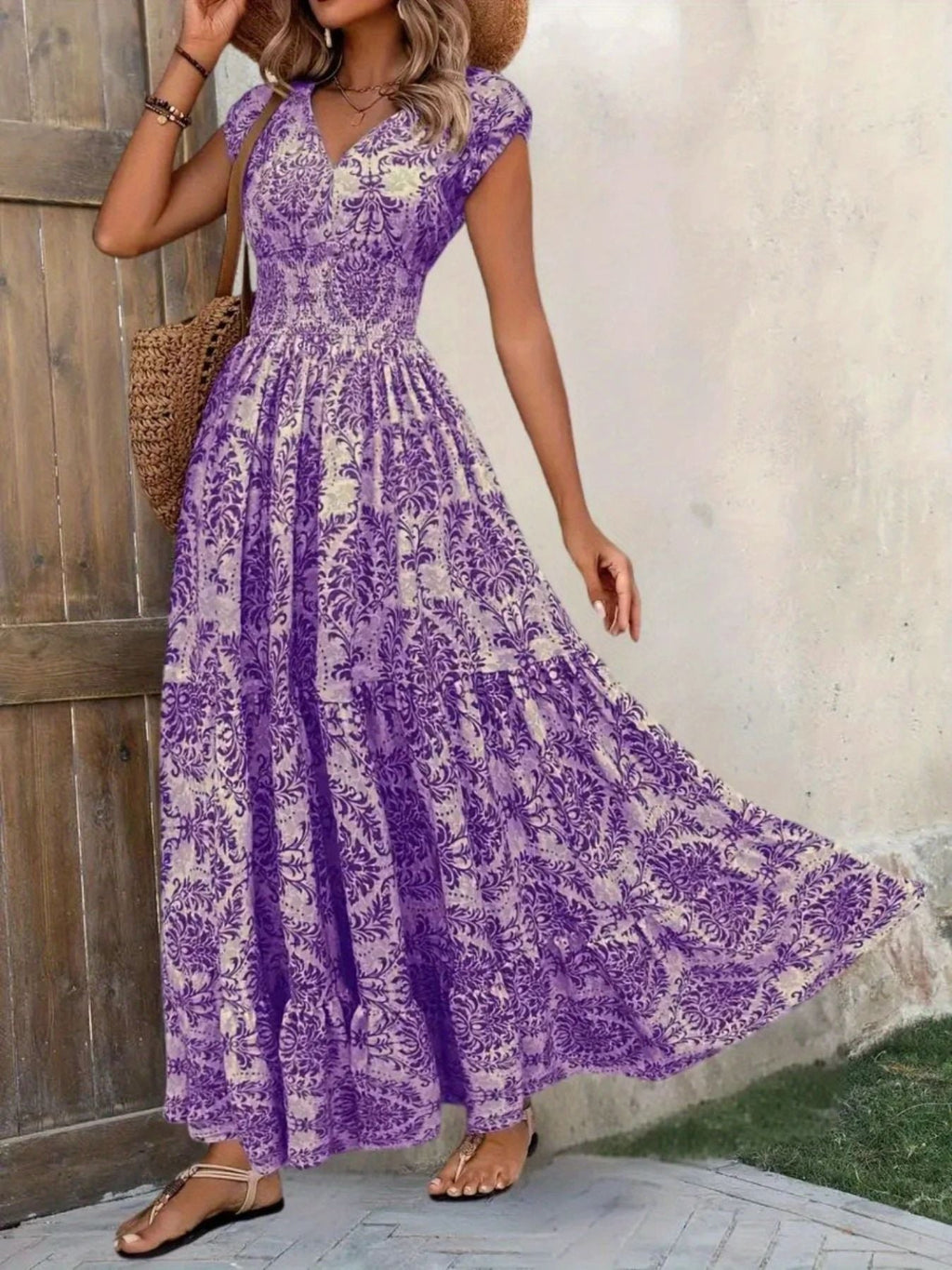 Printed Cap Sleeve Maxi Dress by Shopiebay