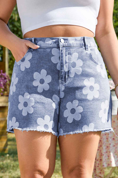 Ashleigh Blue Floral Pattern High Waist Raw Hem Plus Size Denim Shorts by Wild and Free Boutique