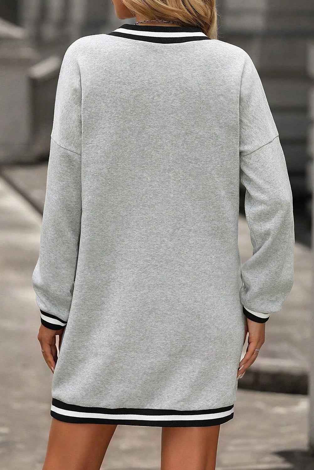 Light Grey Striped Trim V Neck Long Sleeve Preppy T Shirt Dress