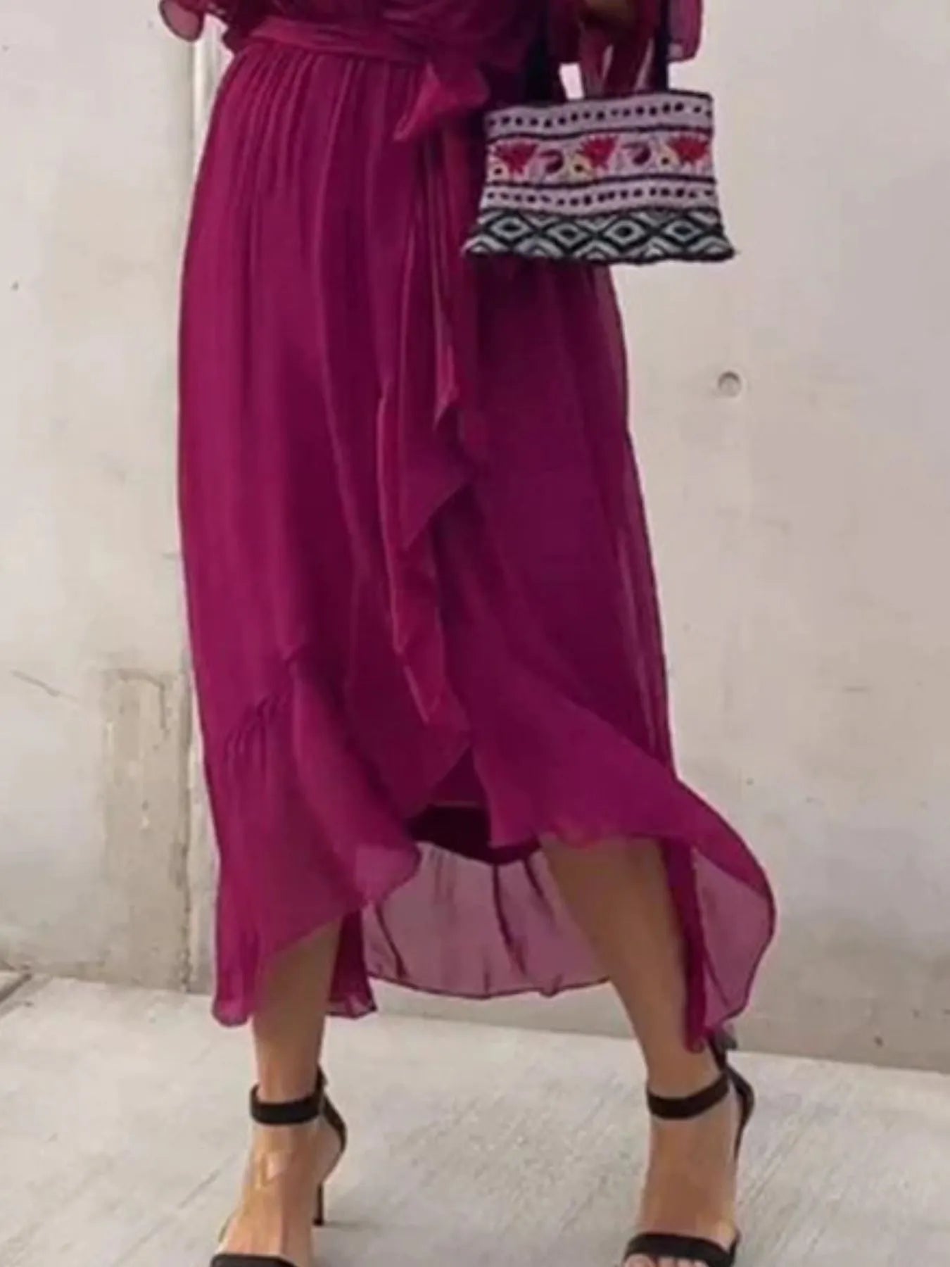 Flowy Tie Front Midi Dress with Flutter Sleeves by Shopiebay