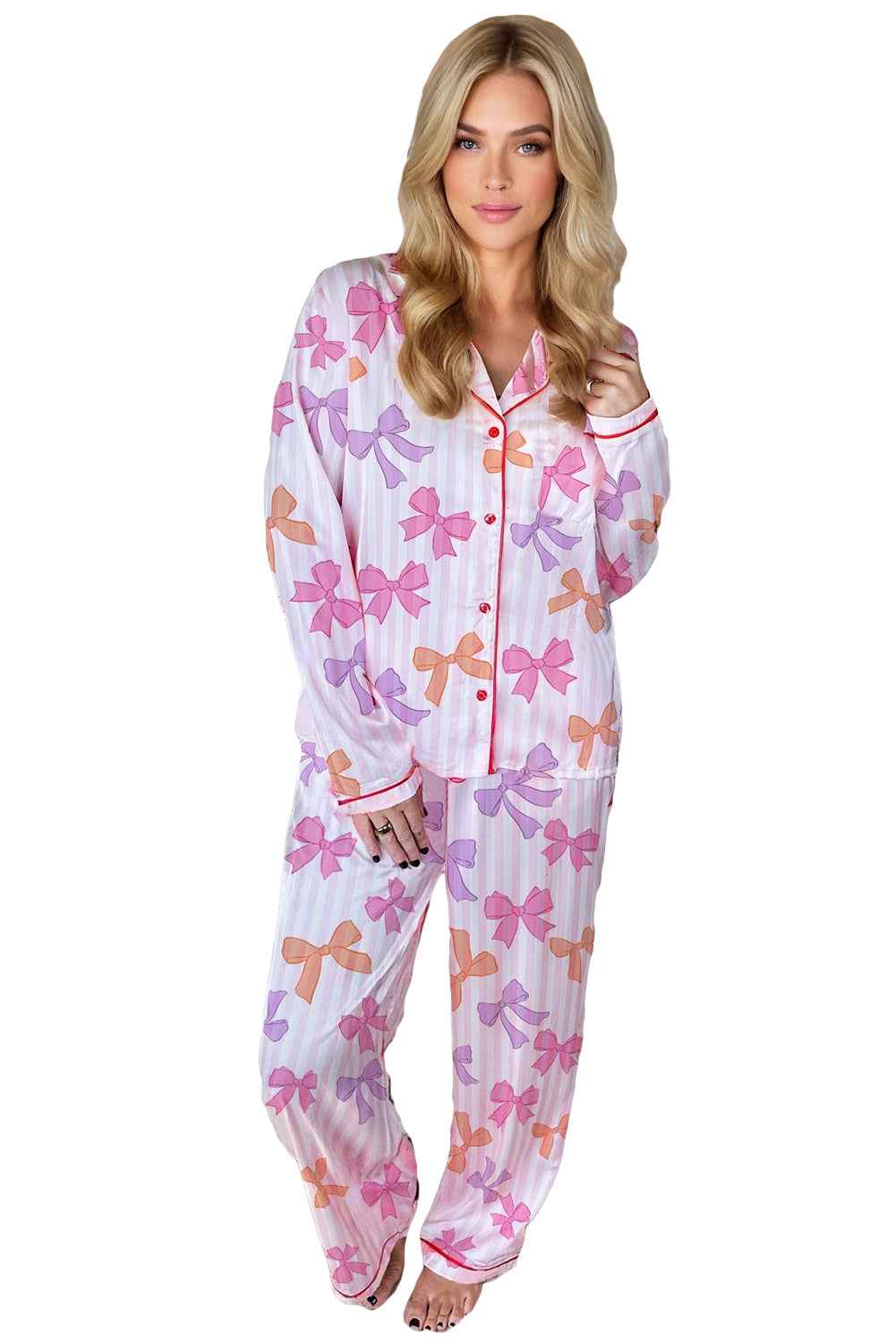 Pink Striped Bow Print Piping Trim Shirt and Pants 2pcs Pajama Set