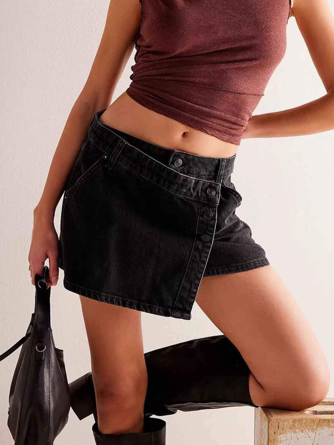 Asymmetrical Button Front Denim Skort