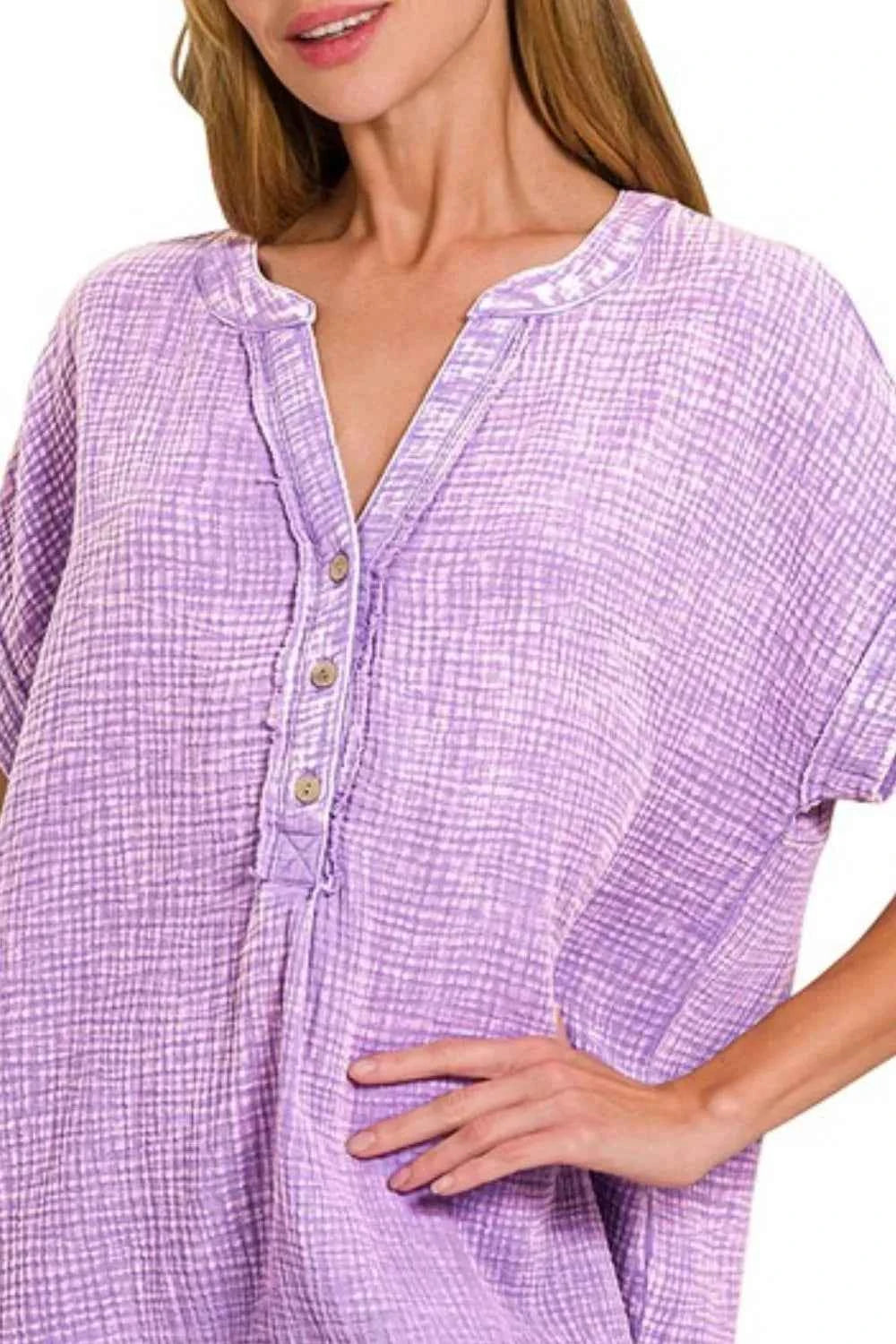 Zenana Washed Double Gauze 3/4 Button Henley Neck Shirt