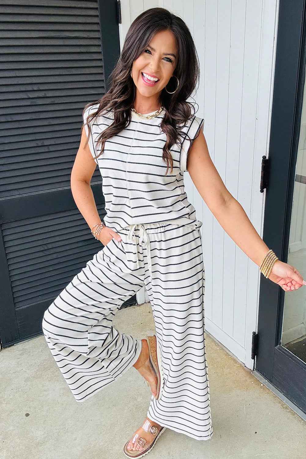 Black Casual Striped Tee and Wide Leg Pants Set