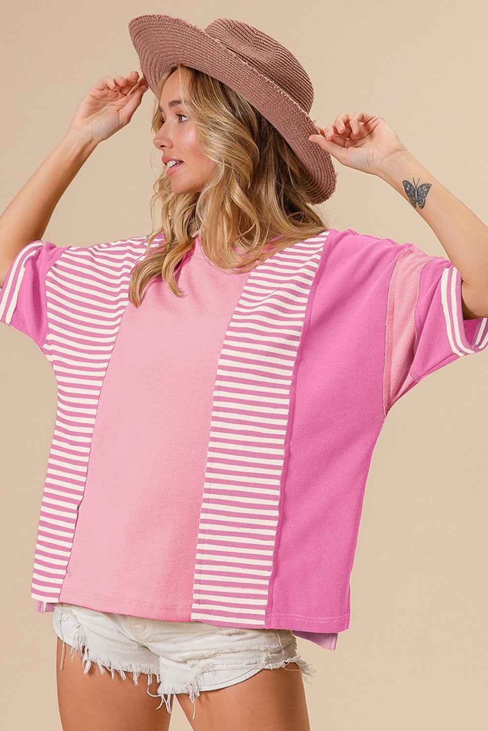 Pink Stripe Waffle Patchwork Loose T-Shirt