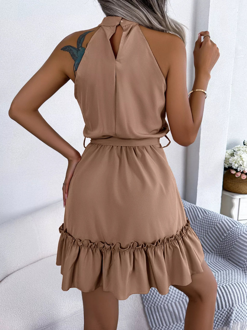 Halter Neck Ruffle Hem A-Line Dress by Shopiebay