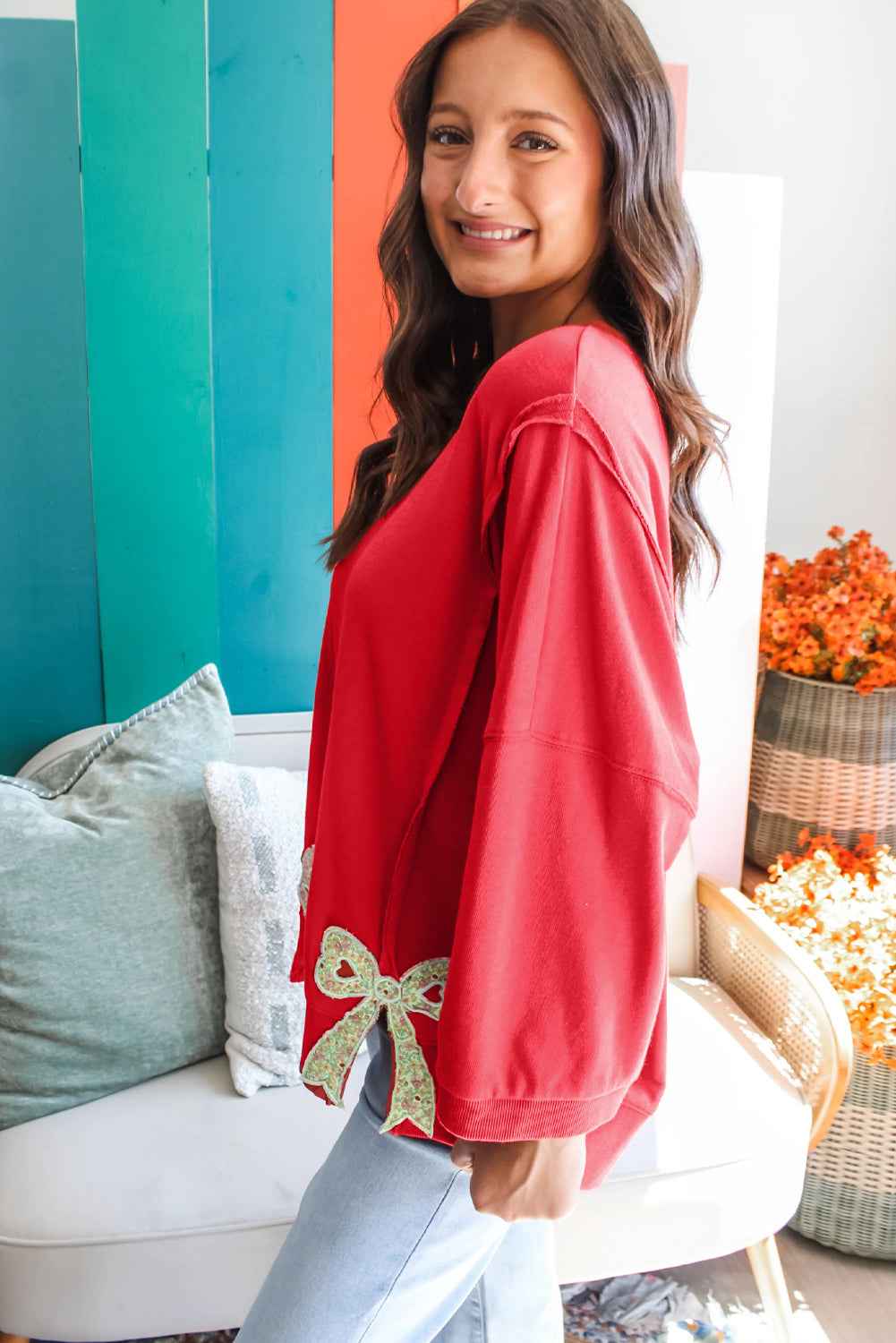 Fiery Red Floral Bow Patched Exposed Seam Patchwork Slit Baggy Sweatshirt