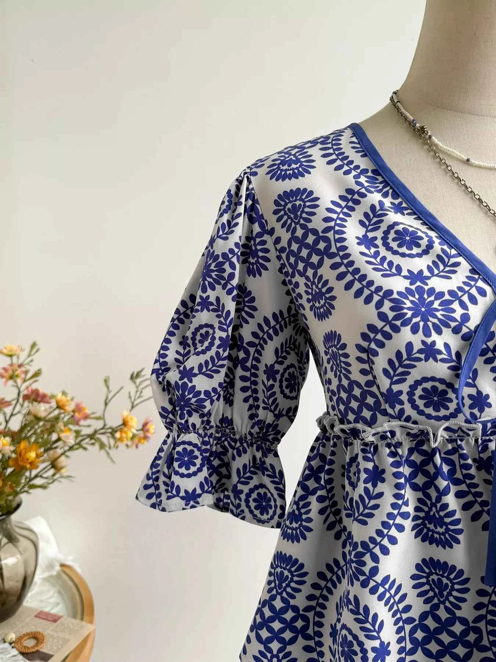 Navy Floral Tie Front Blouse