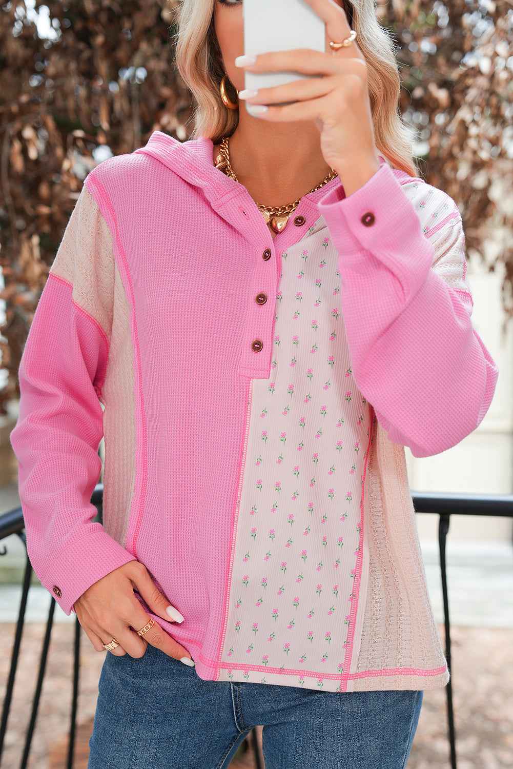 Pink Mixed Texture Waffle Floral Patchwork Hooded Oversized Pullover Top