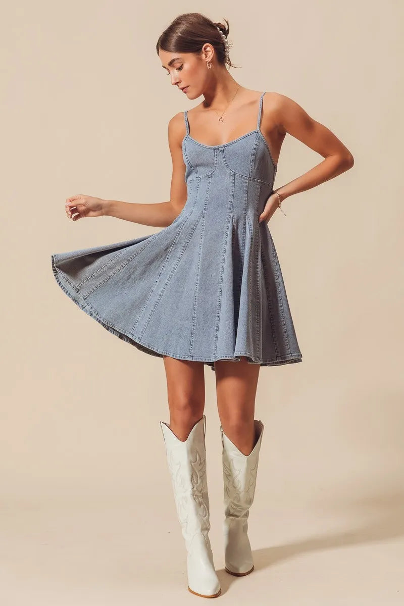 SO ME A Line Fit and Flare Denim Mini Dress by Selvanelle