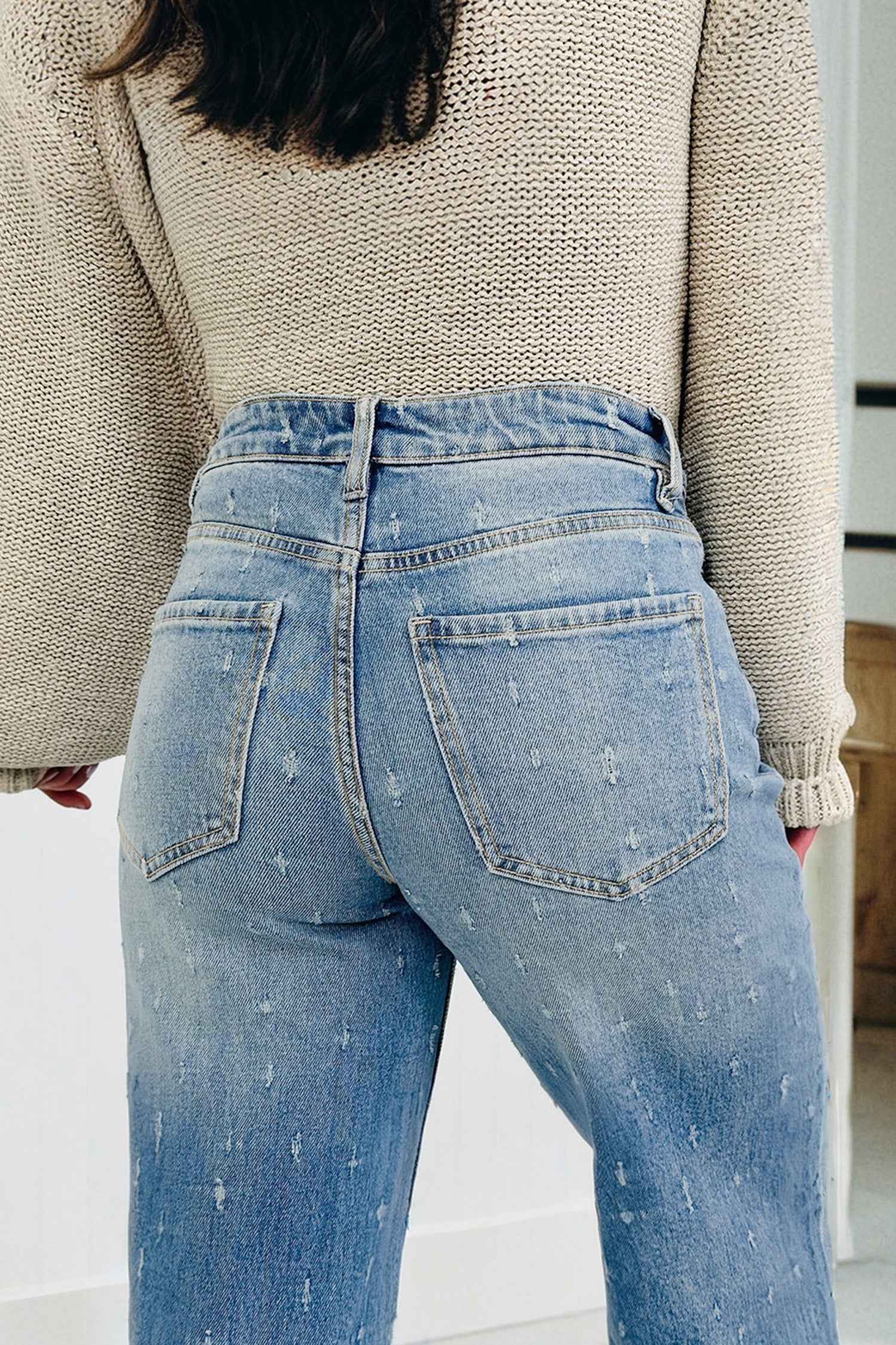 Mist Blue Distressed Detail Tummy Control Raw Hem Jeans