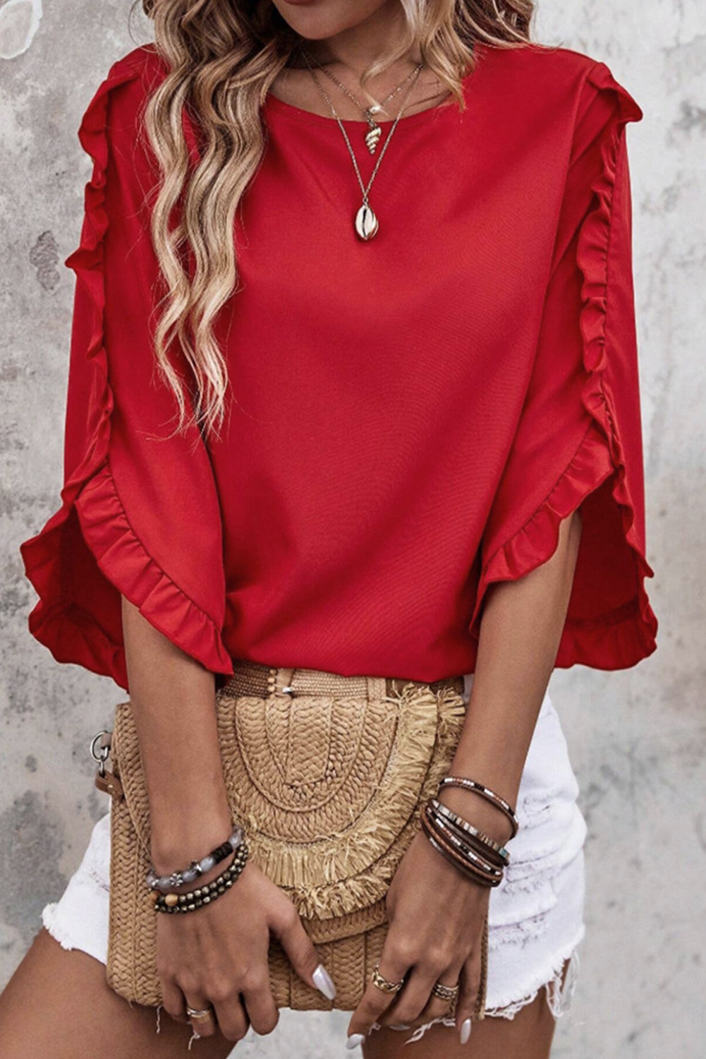 Black Frill Trim Plain Tulip Sleeve Blouse