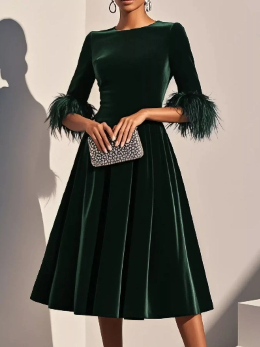 Velvet Midi Dress with Feather Cuffs by Shopiebay