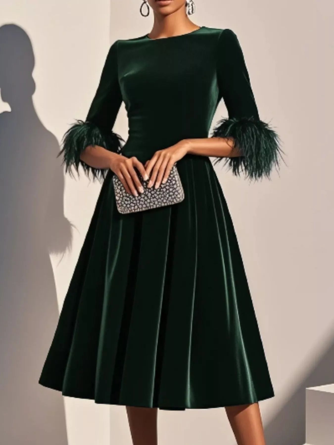 Velvet Midi Dress with Feather Cuffs by Shopiebay