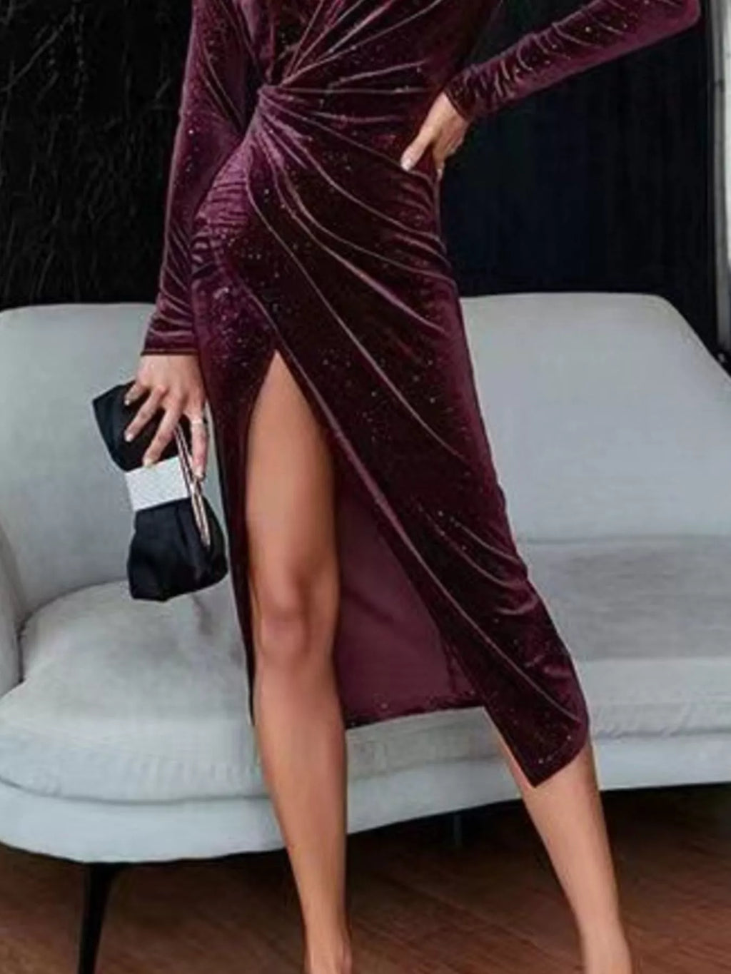 Velvet Ruched Slit Midi Dress by Shopiebay