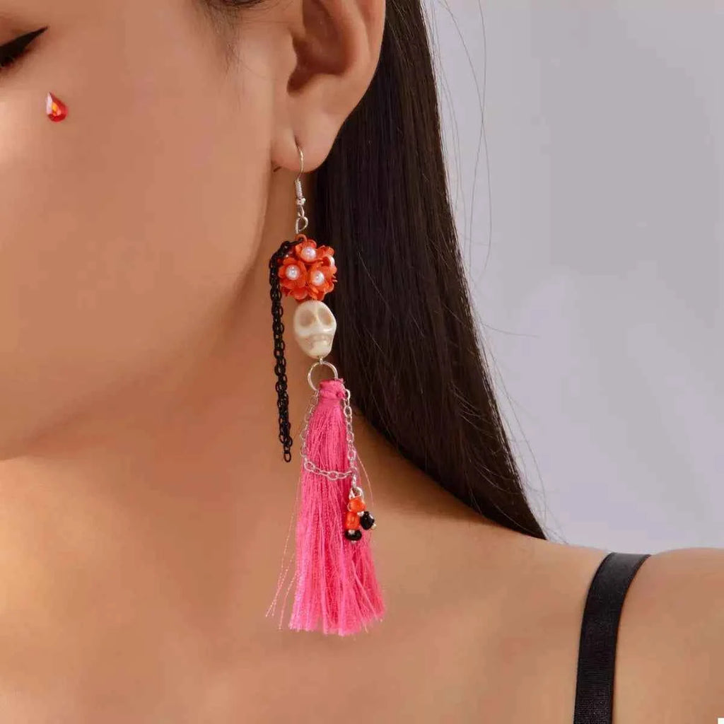Sugar Skull Tassel Halloween Drop Earrings
