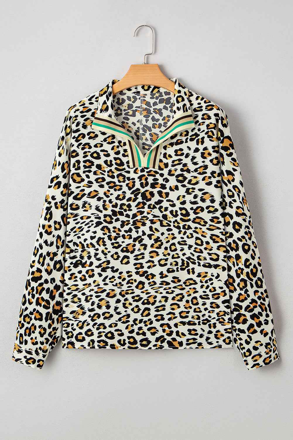 Khaki Leopard Print Long Sleeve Striped V Neck Top