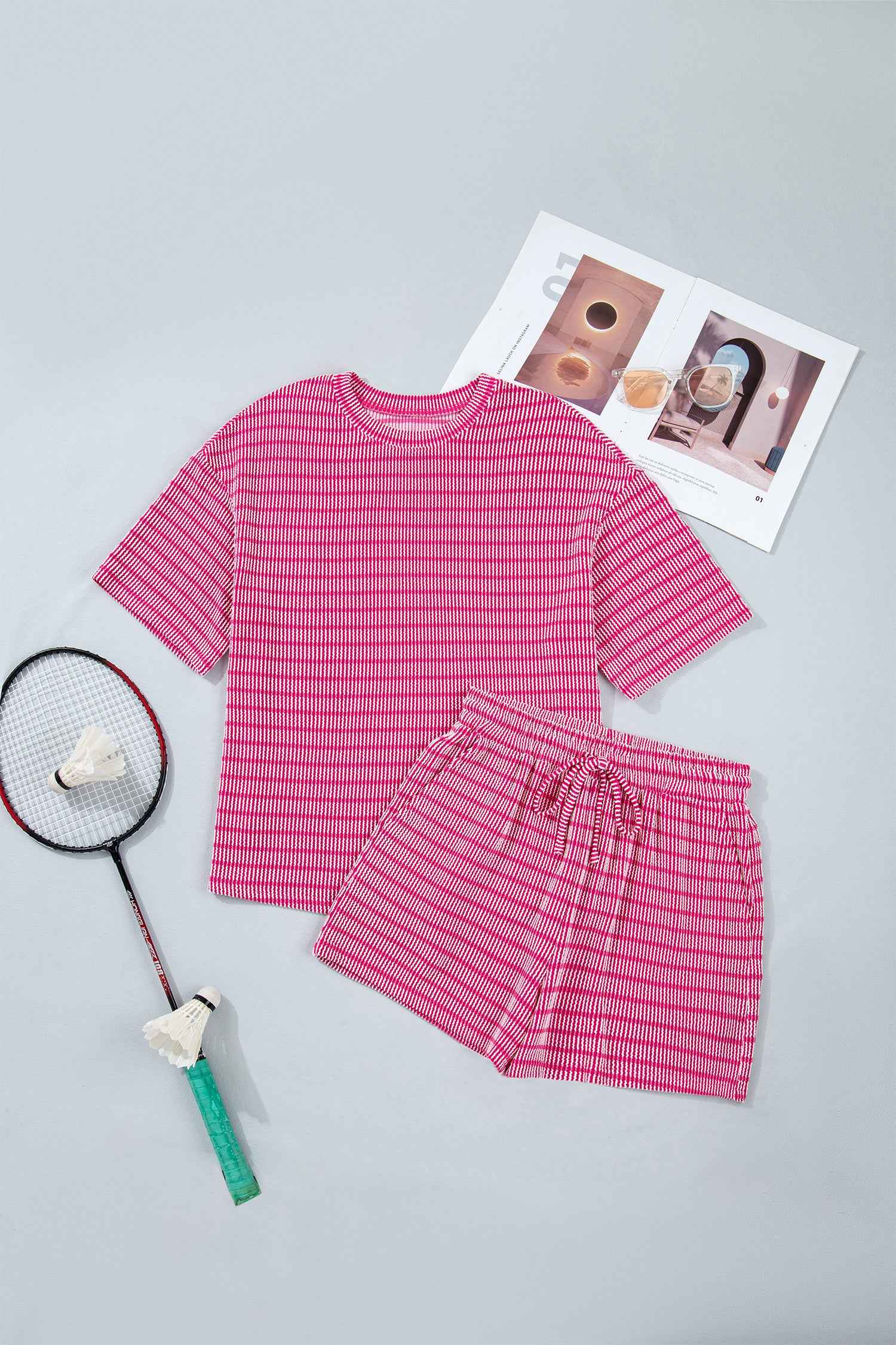 Rose Stripe Raised Rib Loose Tee Drawstring Elastic Waist 2pcs Short Set