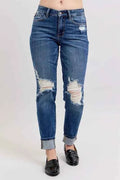 Judy Blue Full Size Mid Rise Boyfriend destroy Jeans with Yoke Pockets and Faux Selvedge Cuff Plus Size