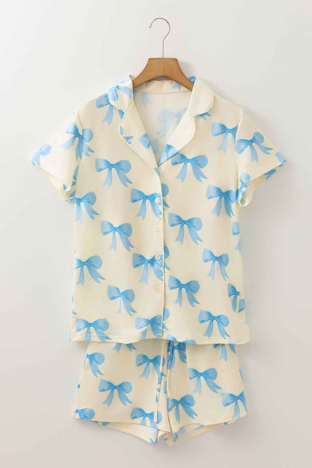 Yellow Bow Printed Short Sleeve Shirt Shorts Pajama Set