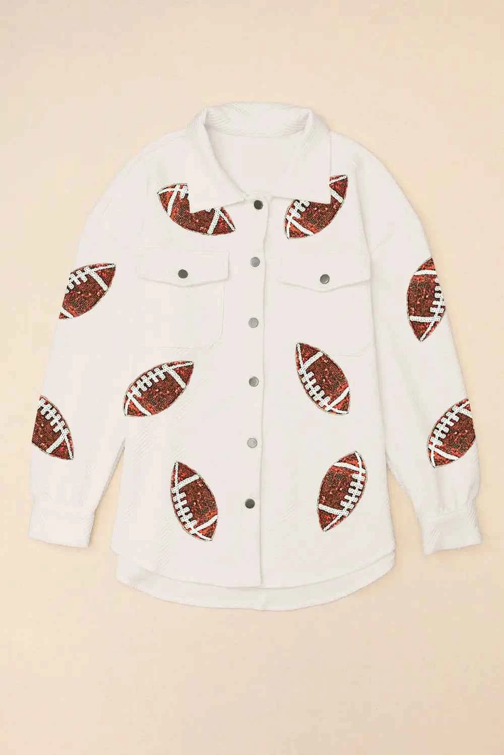 Sequin Football Patch Collared Neck Snap Button Jacket