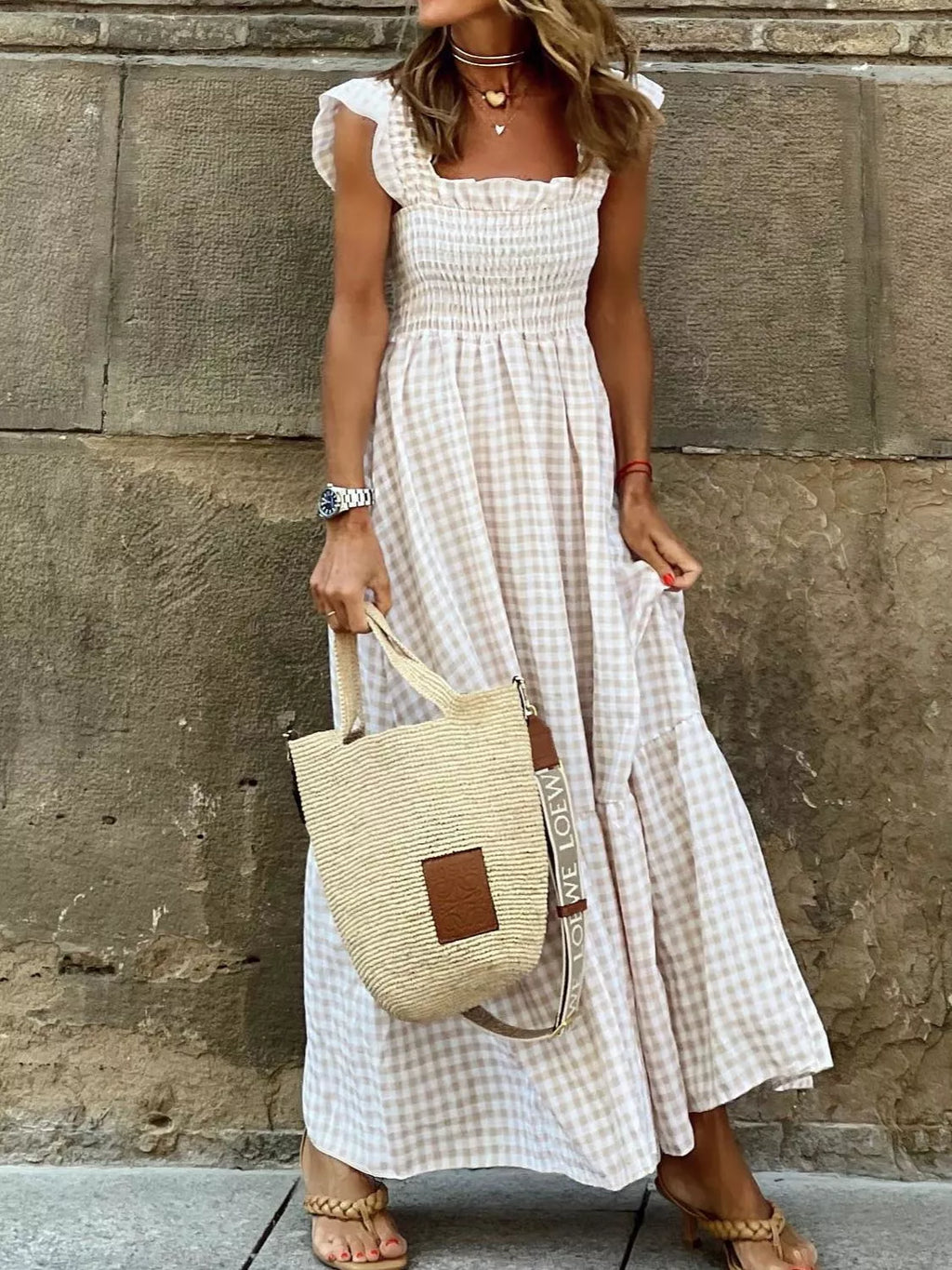 Gingham Smocked Ruffle Maxi Dress by Shopiebay