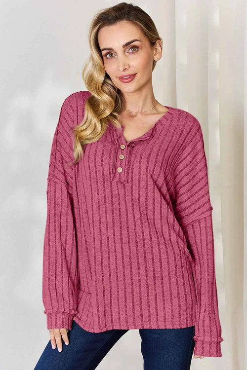Basic Bae Full Size Ribbed Half Button Long Sleeve T-Shirt by Wild and Free Boutique