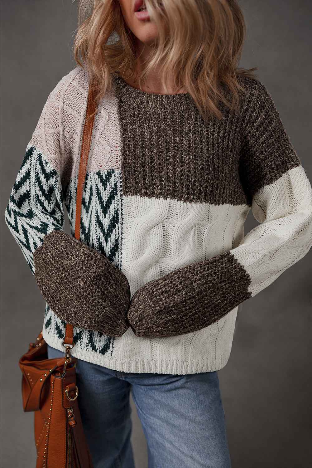 Purple Color Block Patchwork Knotted Back Loose Fit Sweater