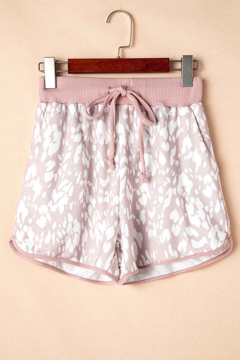 Khaki Classic Leopard Arched Hem Elastic Waist Casual Shorts