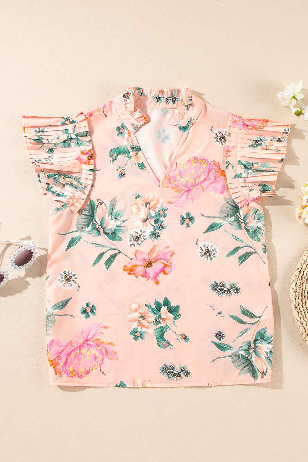 Pink Floral Print Frill V Neck Pleated Sleeve Blouse