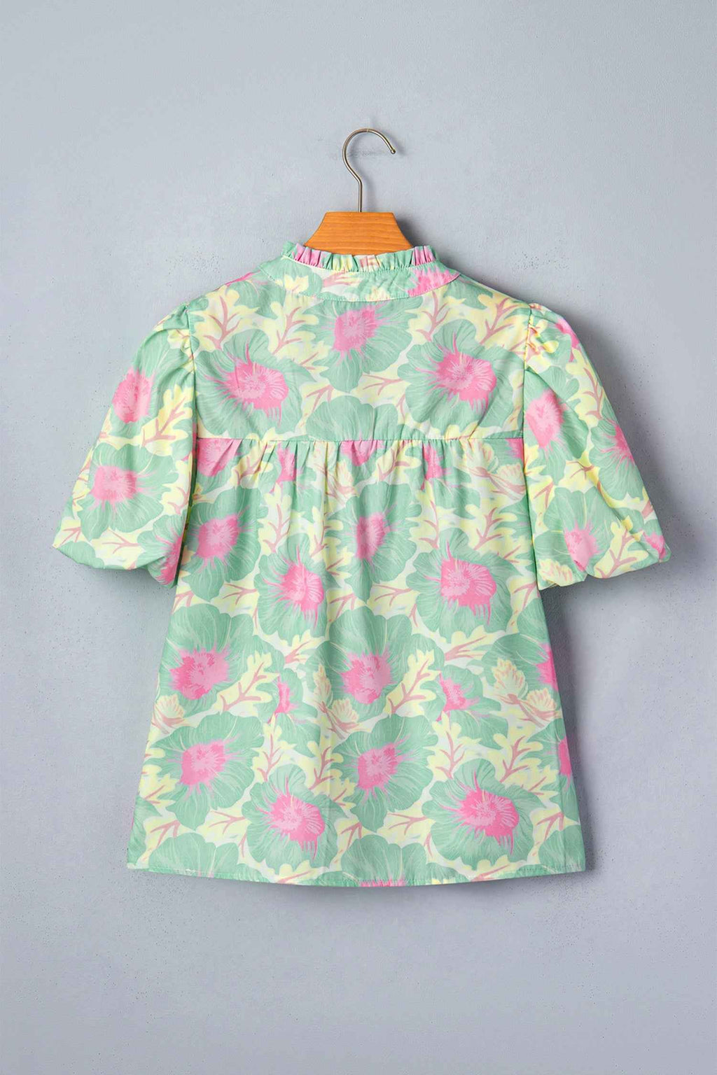 Yellow Short Bubble Sleeve Summer Floral Blouse