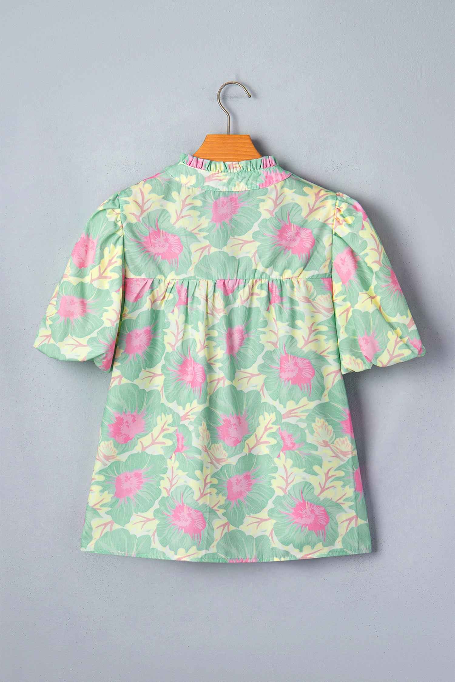Yellow Short Bubble Sleeve Summer Floral Blouse