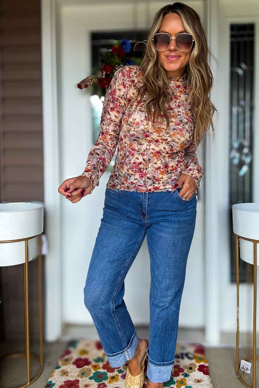 Red Lettuce Trim Floral Print Mesh Long Sleeve Top