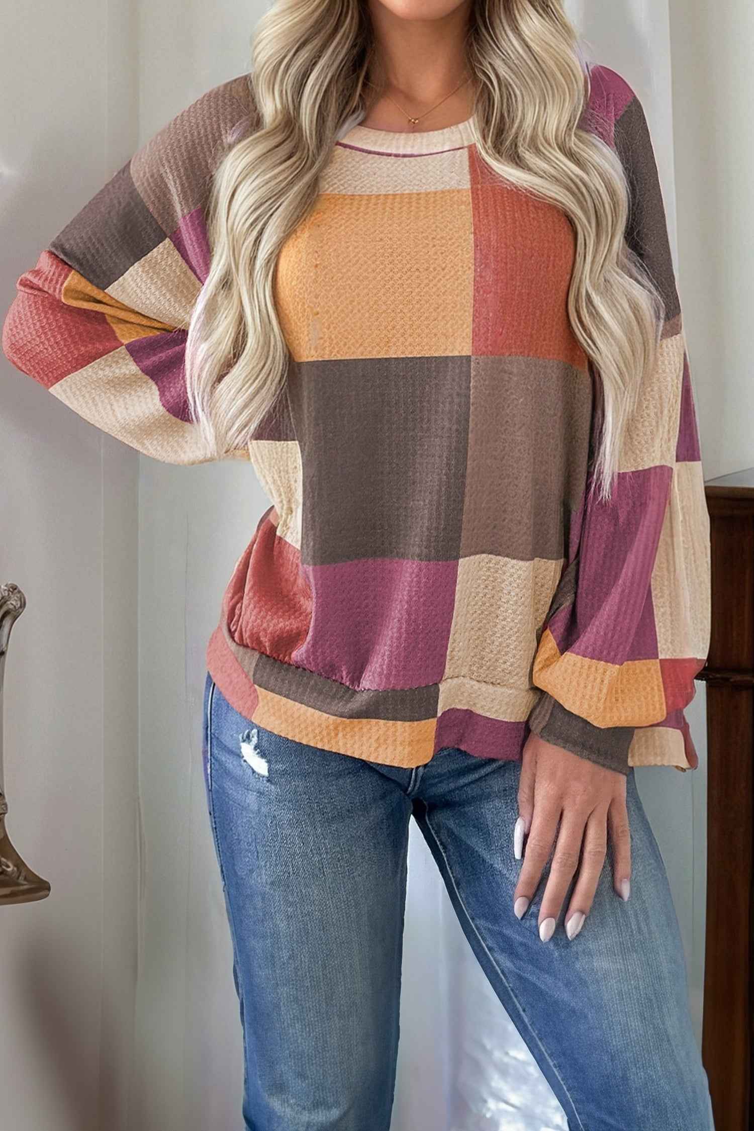 Green Checkered Print Textured Knit Long Sleeve Loose Top