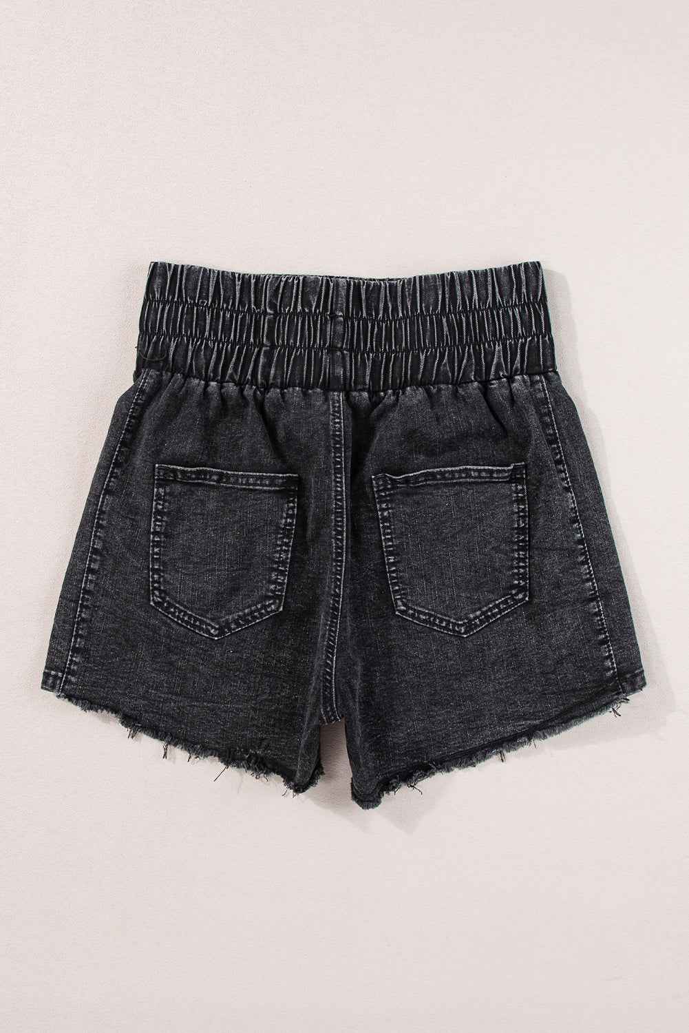 Black Smocked High Waist Mineral Washed Jean Shorts