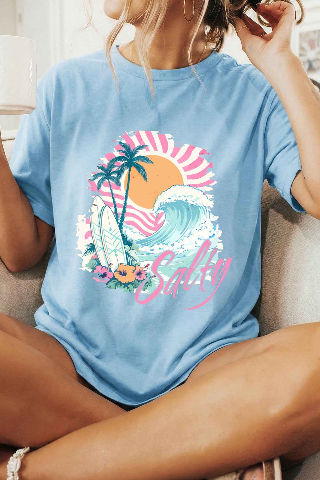Light Blue Salty Beach Resort Vacation Surf Graphic Tee