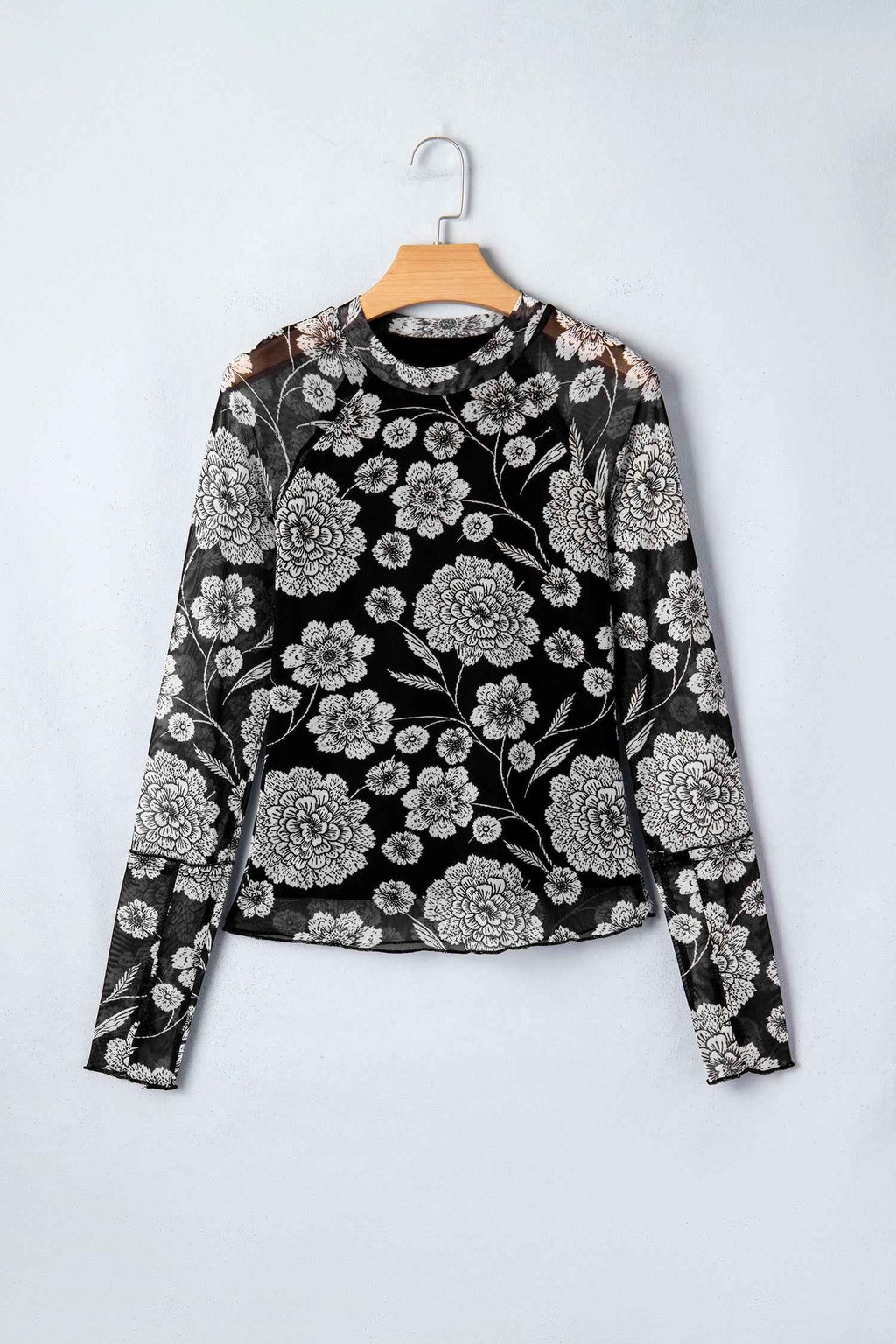 Brown Thumbhole Long Sleeve Floral Print Mesh Top