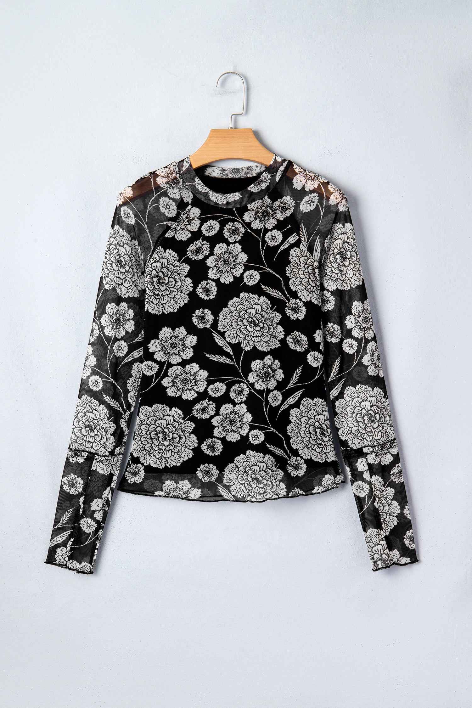 Brown Thumbhole Long Sleeve Floral Print Mesh Top
