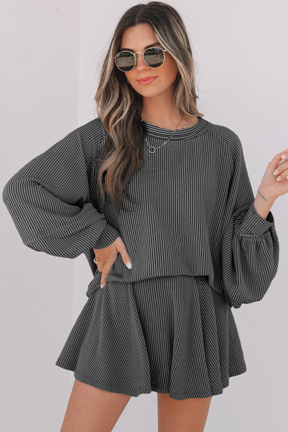 Jet Stream Corded Lantern Sleeve Top High Waist Ruffled Mini Skirt Set