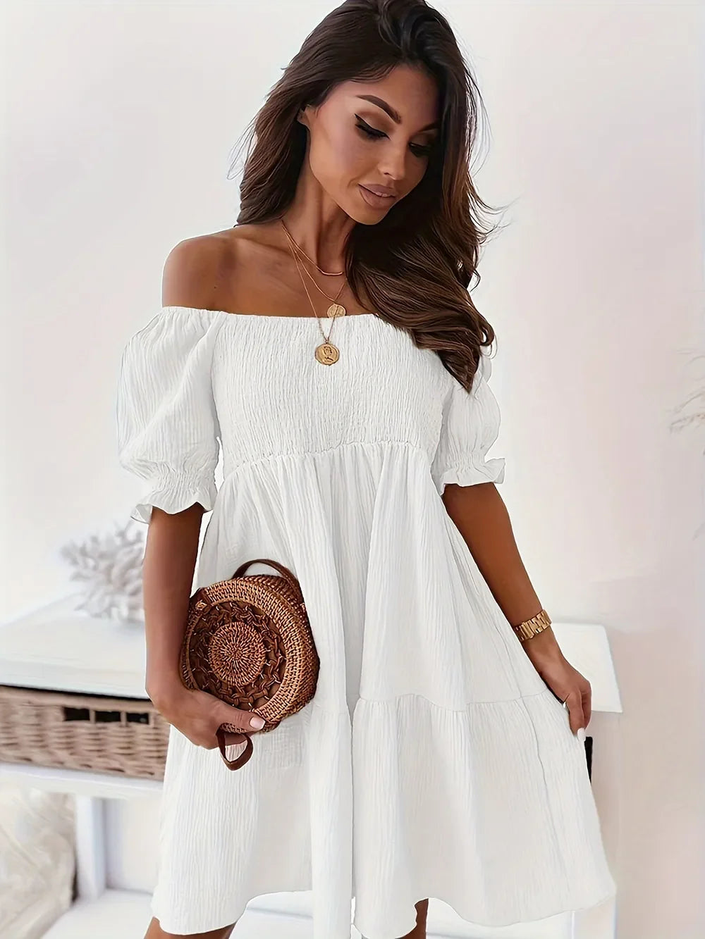 Ruffled Off-Shoulder Short Sleeve Dress by Shopiebay