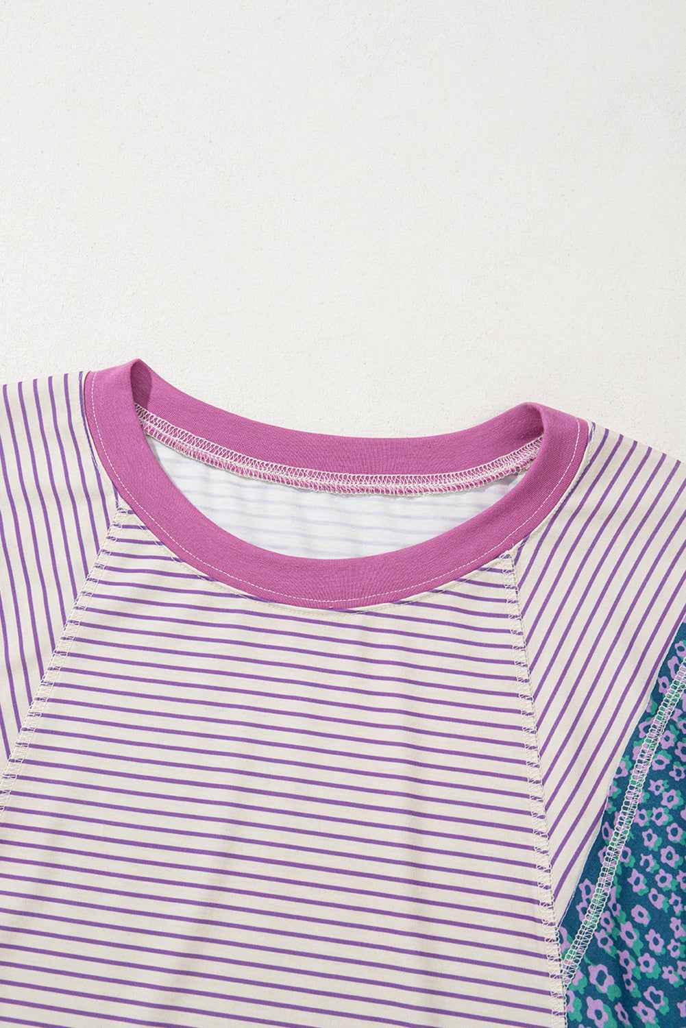 Purple Stripe Floral Color Block Raw Edge Patchwork Bracelet Sleeve Blouse