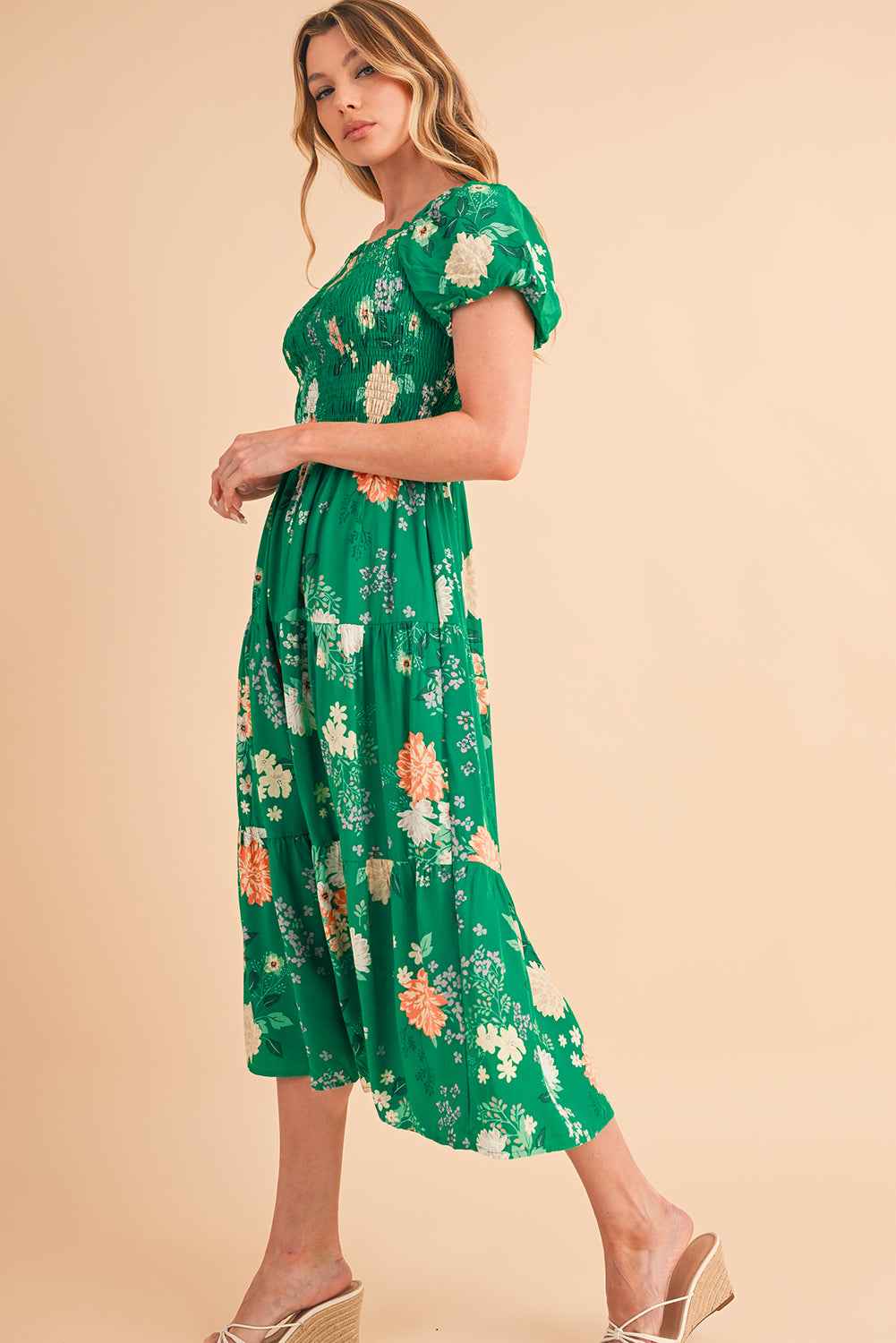 Green Floral Print Bubble Sleeve Smocked Tiered Midi Dress