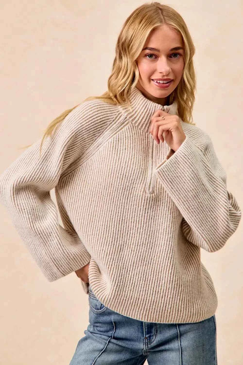 BiBi Two Tone Ribbed Textured Knit Sweater with Zip Up Collar by Be Bliss Boutique