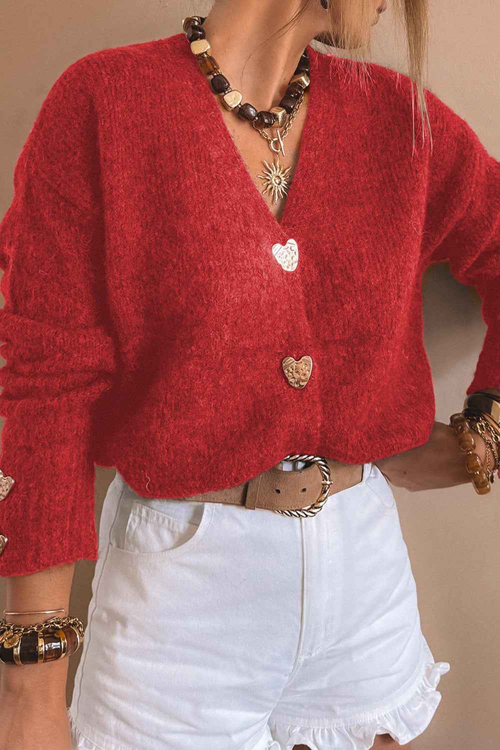 Fiery Red Heart Metal Button V Neck Cardigan Sweater
