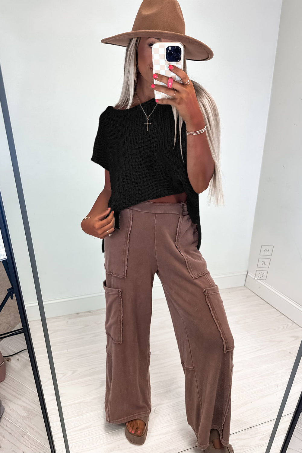 Black Solid Color Sweater Tee with Side Slits