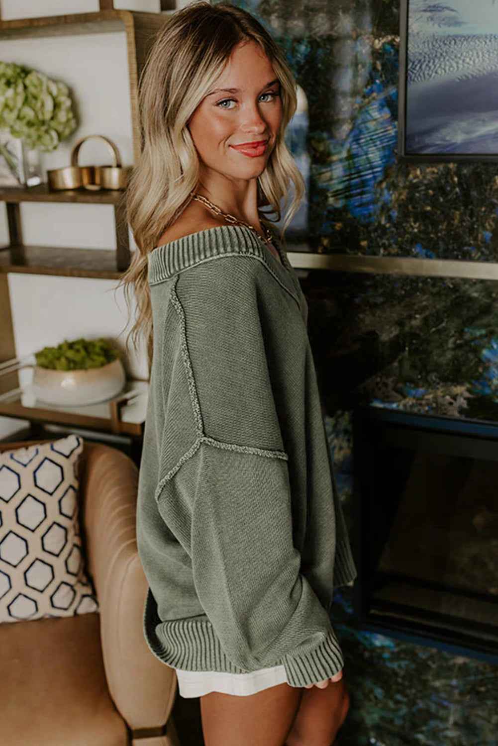Four Leaf Clover Mineral Wash V Neck Knit Exposed Seam Drop Shoulder Loose Sweater