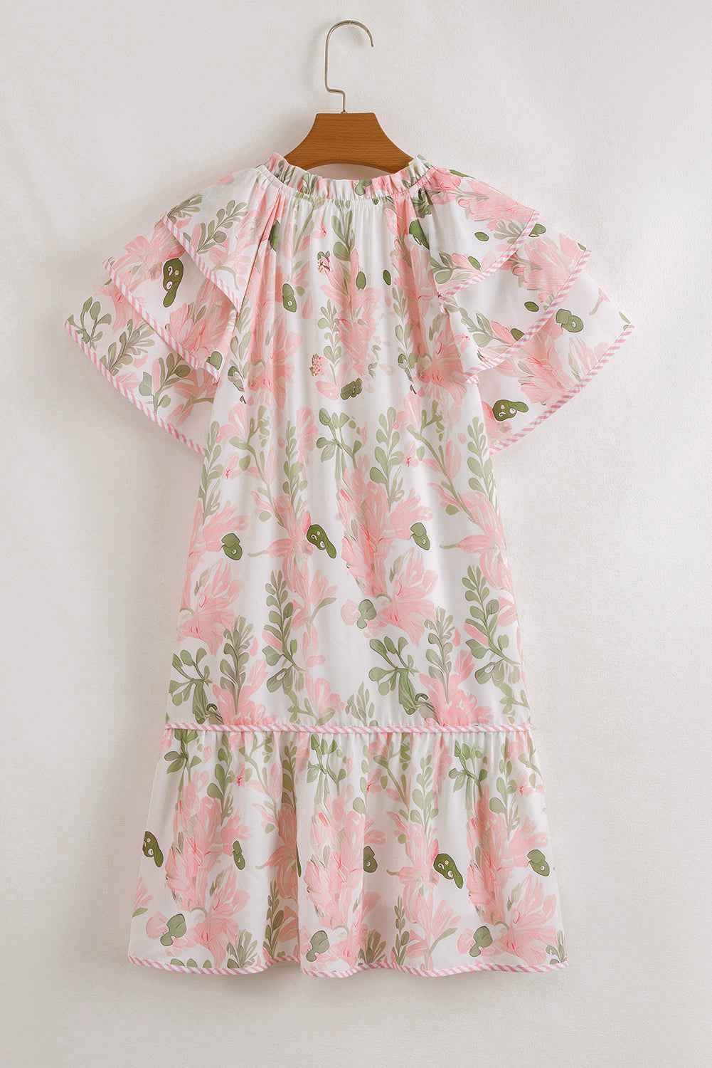 Pink Floral Contrast Edge Ruffle Sleeve Tie Neck Mini Dress