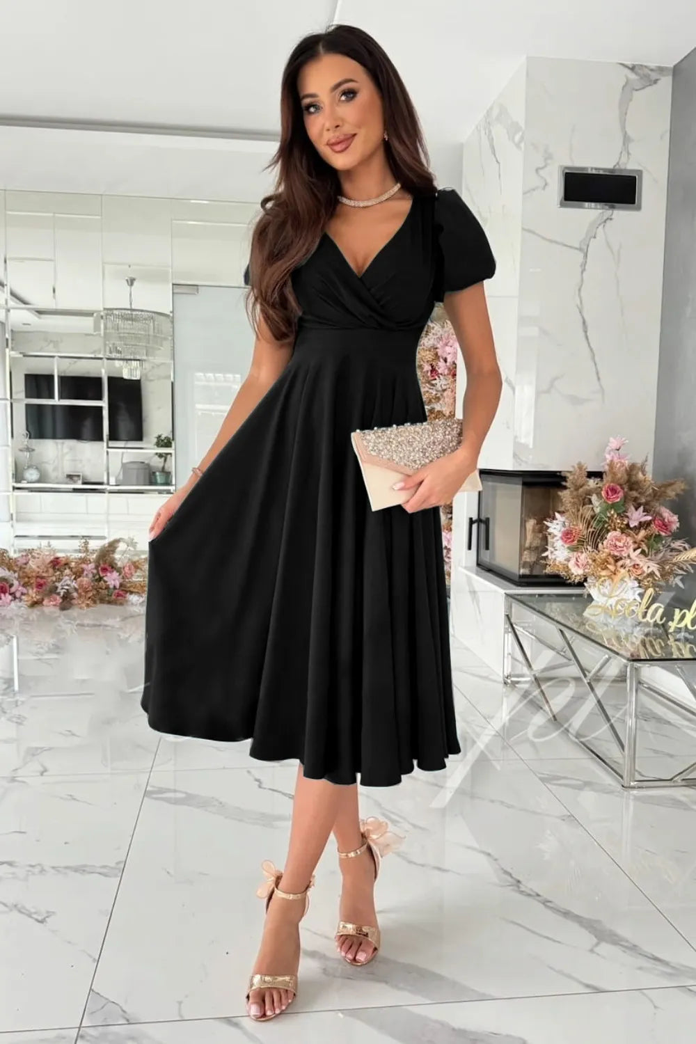 Surplice Puff Sleeve Midi Dress by Shopiebay