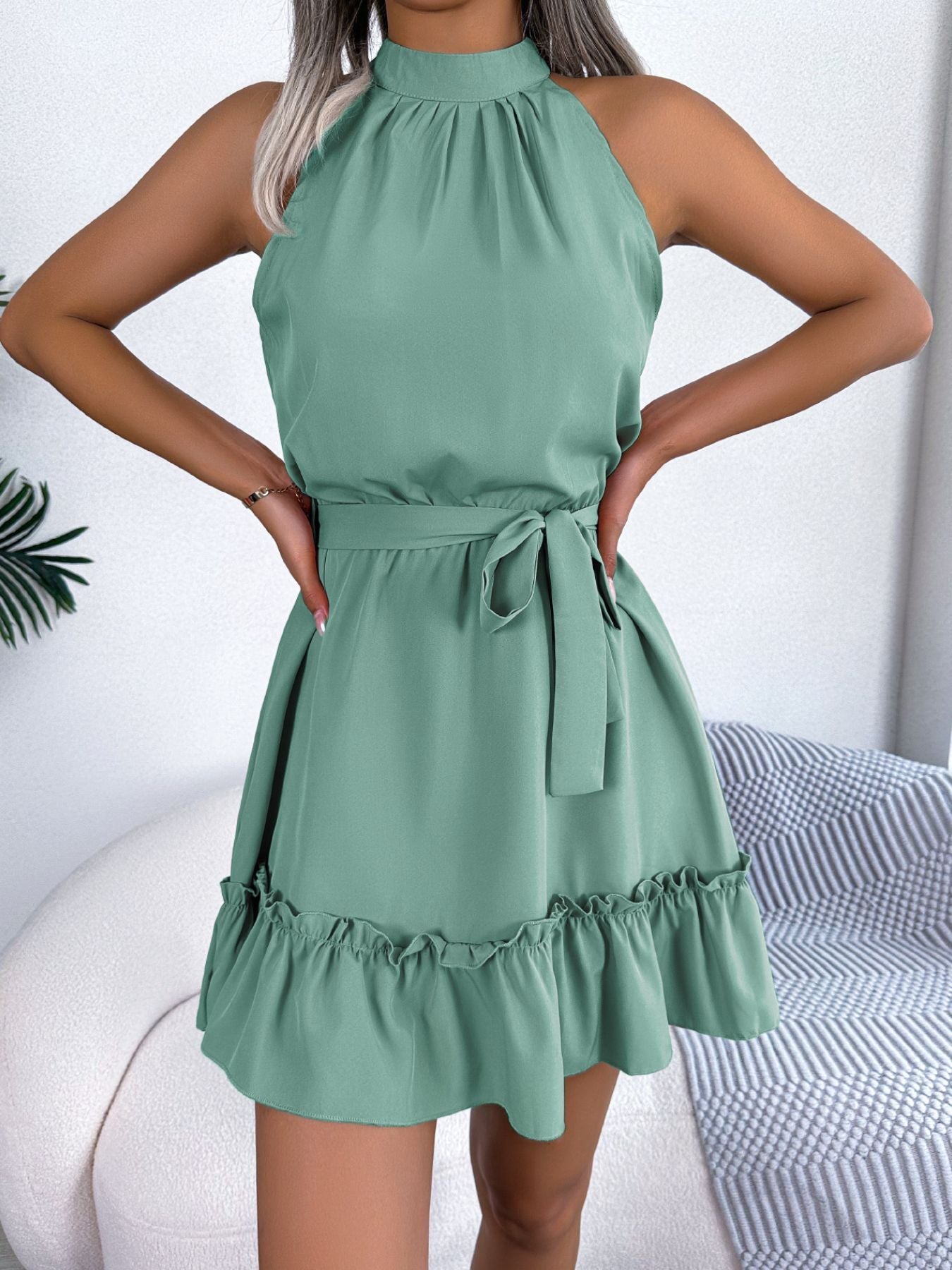 Halter Neck Ruffle Hem A-Line Dress by Shopiebay