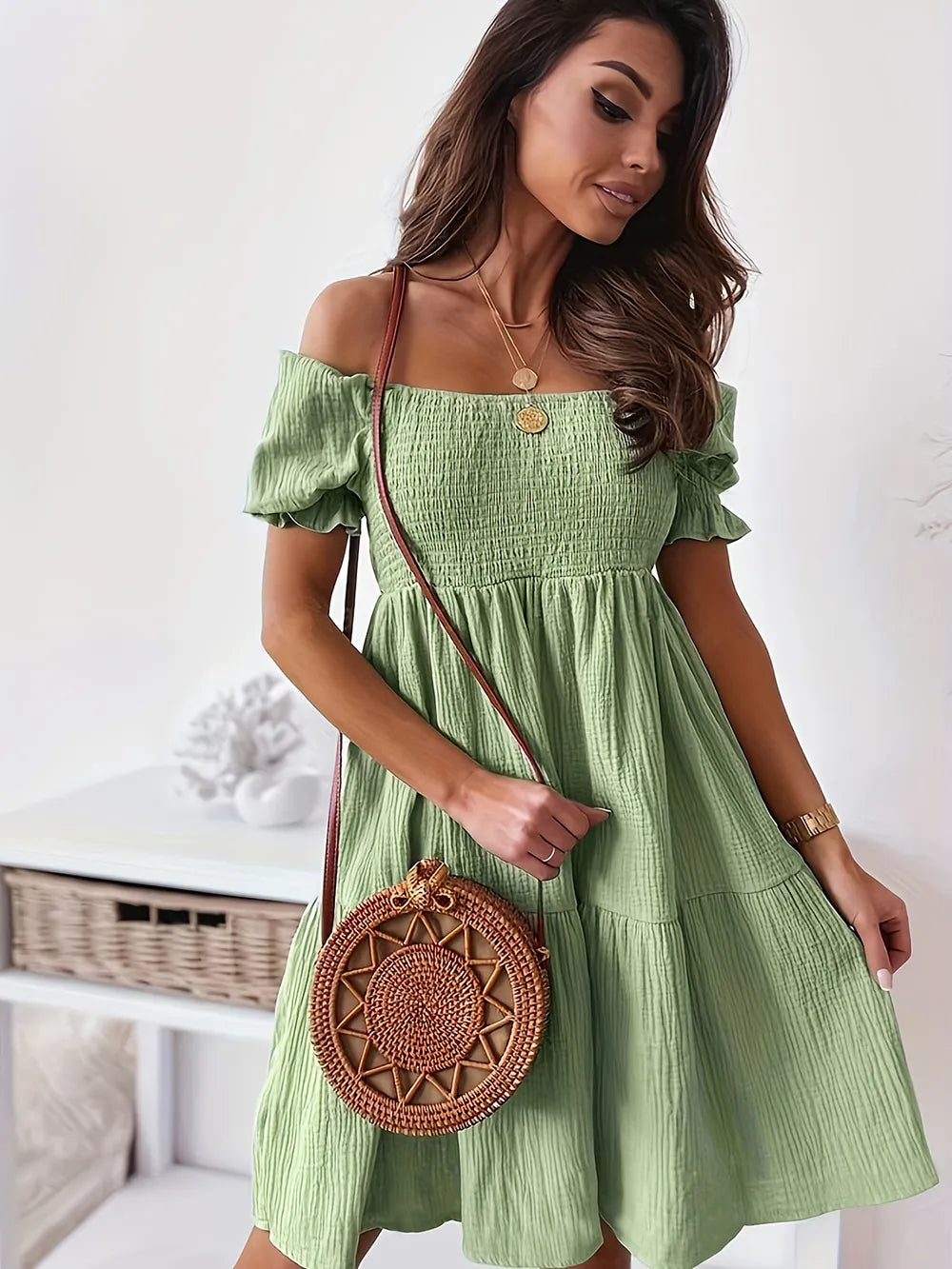 Ruffled Off-Shoulder Short Sleeve Dress by Shopiebay